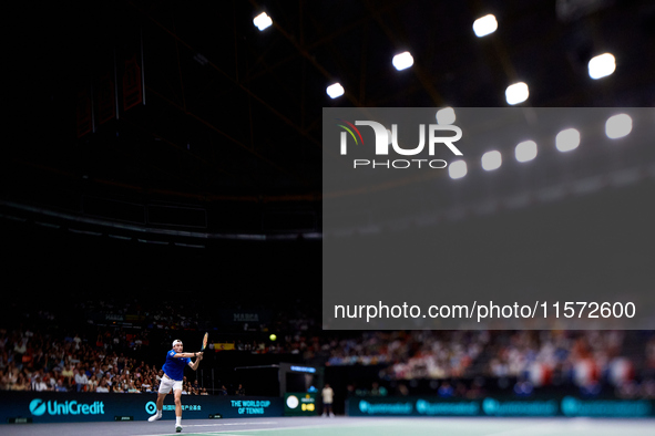 Ugo Humbert of France plays against Carlos Alcaraz of Spain during the 2024 Davis Cup Group B Stage match between France and Spain at Pabell...