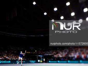 Ugo Humbert of France plays against Carlos Alcaraz of Spain during the 2024 Davis Cup Group B Stage match between France and Spain at Pabell...