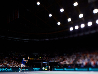 Ugo Humbert of France plays against Carlos Alcaraz of Spain during the 2024 Davis Cup Group B Stage match between France and Spain at Pabell...