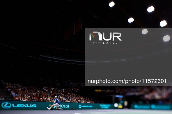 Ugo Humbert of France plays against Carlos Alcaraz of Spain during the 2024 Davis Cup Group B Stage match between France and Spain at Pabell...