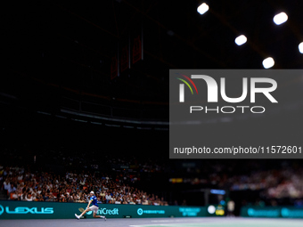 Ugo Humbert of France plays against Carlos Alcaraz of Spain during the 2024 Davis Cup Group B Stage match between France and Spain at Pabell...