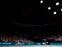 Ugo Humbert of France plays against Carlos Alcaraz of Spain during the 2024 Davis Cup Group B Stage match between France and Spain at Pabell...