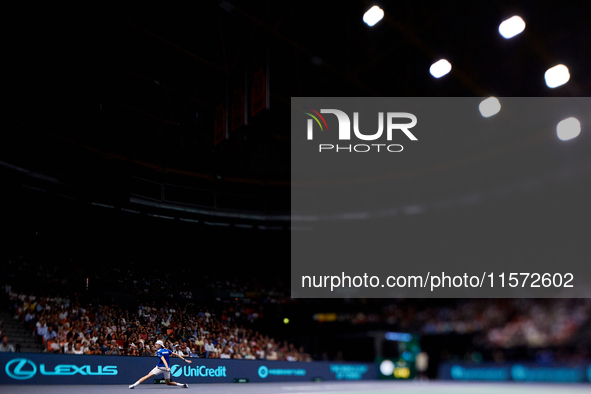 Ugo Humbert of France plays against Carlos Alcaraz of Spain during the 2024 Davis Cup Group B Stage match between France and Spain at Pabell...