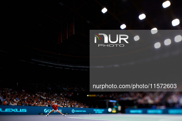 Carlos Alcaraz of Spain plays against Ugo Humbert of France during the 2024 Davis Cup Group B Stage match between France and Spain at Pabell...