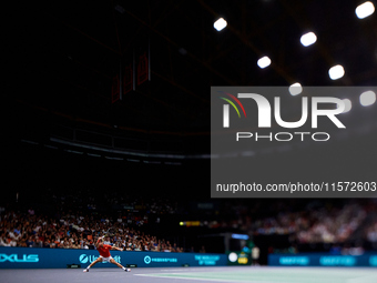 Carlos Alcaraz of Spain plays against Ugo Humbert of France during the 2024 Davis Cup Group B Stage match between France and Spain at Pabell...