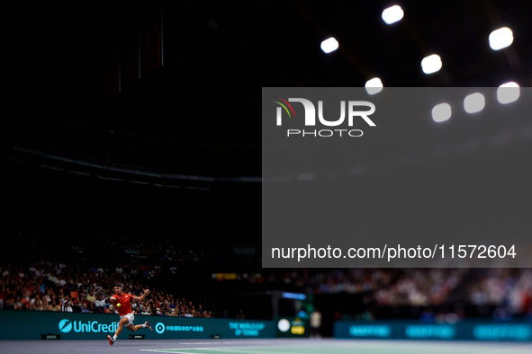 Carlos Alcaraz of Spain plays against Ugo Humbert of France during the 2024 Davis Cup Group B Stage match between France and Spain at Pabell...