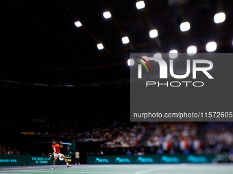 Carlos Alcaraz of Spain plays against Ugo Humbert of France during the 2024 Davis Cup Group B Stage match between France and Spain at Pabell...