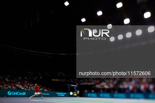 Carlos Alcaraz of Spain plays against Ugo Humbert of France during the 2024 Davis Cup Group B Stage match between France and Spain at Pabell...