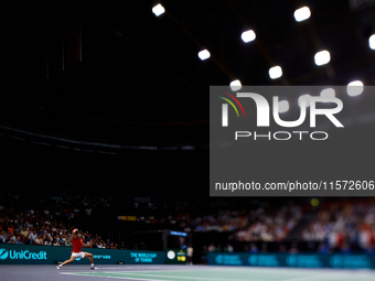 Carlos Alcaraz of Spain plays against Ugo Humbert of France during the 2024 Davis Cup Group B Stage match between France and Spain at Pabell...