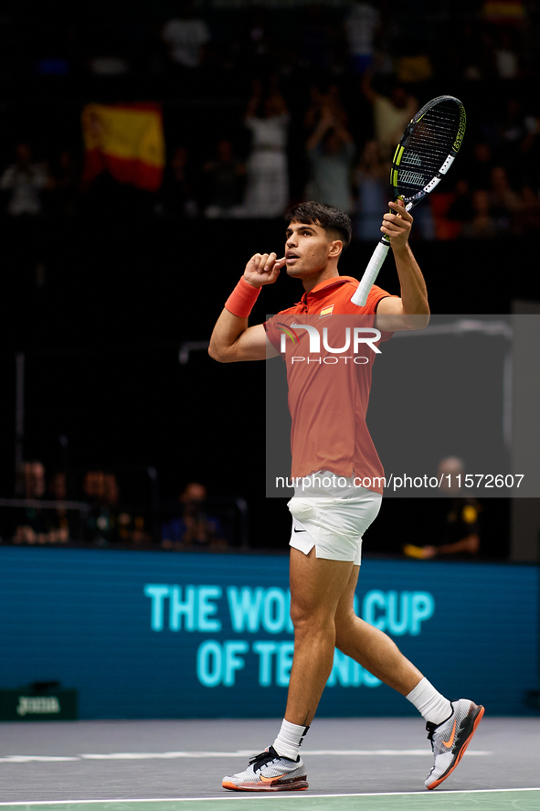 Carlos Alcaraz of Spain celebrates a point during the game against Ugo Humbert of France during the 2024 Davis Cup Group B Stage match betwe...