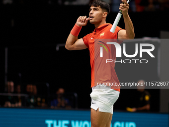 Carlos Alcaraz of Spain celebrates a point during the game against Ugo Humbert of France during the 2024 Davis Cup Group B Stage match betwe...