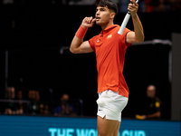 Carlos Alcaraz of Spain celebrates a point during the game against Ugo Humbert of France during the 2024 Davis Cup Group B Stage match betwe...