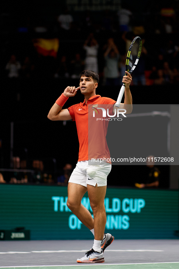 Carlos Alcaraz of Spain celebrates a point during the game against Ugo Humbert of France during the 2024 Davis Cup Group B Stage match betwe...