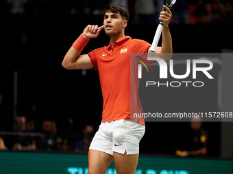 Carlos Alcaraz of Spain celebrates a point during the game against Ugo Humbert of France during the 2024 Davis Cup Group B Stage match betwe...