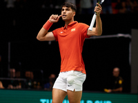 Carlos Alcaraz of Spain celebrates a point during the game against Ugo Humbert of France during the 2024 Davis Cup Group B Stage match betwe...