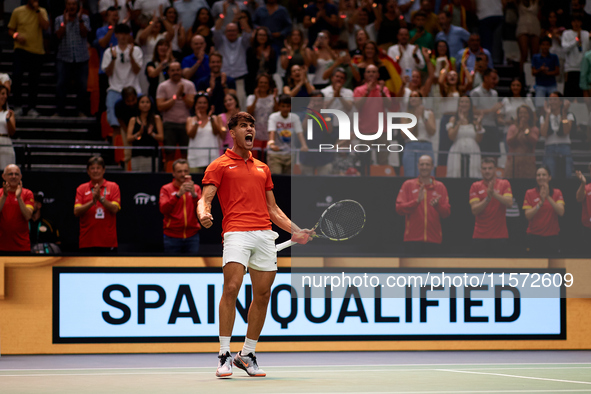 Carlos Alcaraz of Spain celebrates the victory following the game against Ugo Humbert of France during the 2024 Davis Cup Group B Stage matc...