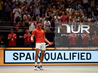 Carlos Alcaraz of Spain celebrates the victory following the game against Ugo Humbert of France during the 2024 Davis Cup Group B Stage matc...