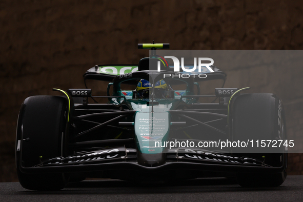 Fernando Alonso of Aston Martin Aramco during third practice ahead of the Formula 1 Grand Prix of Azerbaijan at Baku City Circuit in Baku, A...