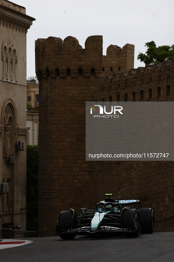 Fernando Alonso of Aston Martin Aramco during third practice ahead of the Formula 1 Grand Prix of Azerbaijan at Baku City Circuit in Baku, A...