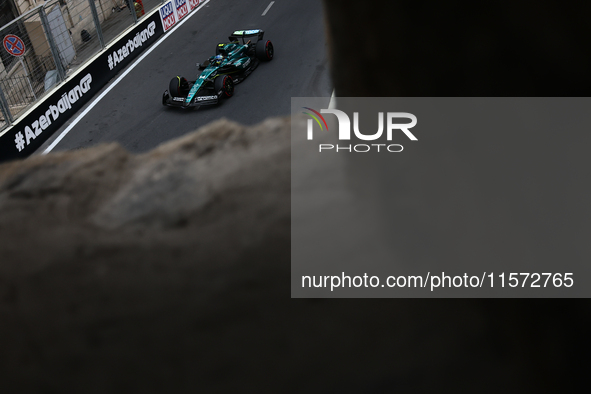 Fernando Alonso of Aston Martin Aramco during third practice ahead of the Formula 1 Grand Prix of Azerbaijan at Baku City Circuit in Baku, A...