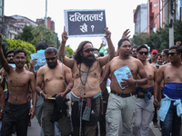 Nepali Dalit rights activists hold a demonstration in Kathmandu, Nepal, on September 14, 2024, demanding the implementation of constitutiona...