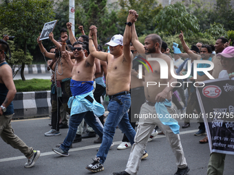 Nepali Dalit rights activists hold a demonstration in Kathmandu, Nepal, on September 14, 2024, demanding the implementation of constitutiona...