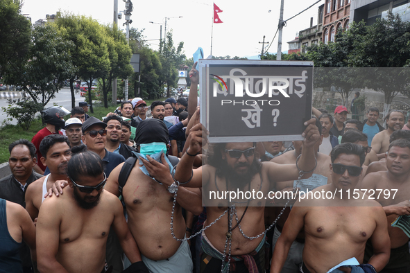 Nepali Dalit rights activists hold a demonstration in Kathmandu, Nepal, on September 14, 2024, demanding the implementation of constitutiona...