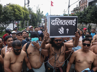 Nepali Dalit rights activists hold a demonstration in Kathmandu, Nepal, on September 14, 2024, demanding the implementation of constitutiona...