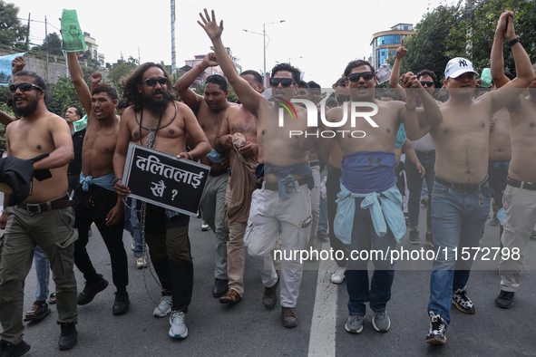 Nepali Dalit rights activists hold a demonstration in Kathmandu, Nepal, on September 14, 2024, demanding the implementation of constitutiona...