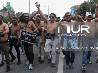 Nepali Dalit rights activists hold a demonstration in Kathmandu, Nepal, on September 14, 2024, demanding the implementation of constitutiona...