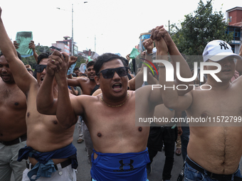 Nepali Dalit rights activists hold a demonstration in Kathmandu, Nepal, on September 14, 2024, demanding the implementation of constitutiona...