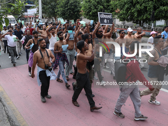 Nepali Dalit rights activists hold a demonstration in Kathmandu, Nepal, on September 14, 2024, demanding the implementation of constitutiona...