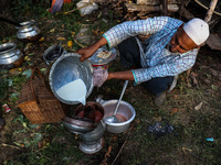 A chef prepares Kashmiri Salt Tea (Nun Chai) at a wedding function in Sopore, Jammu and Kashmir, India, on September 14, 2024. (