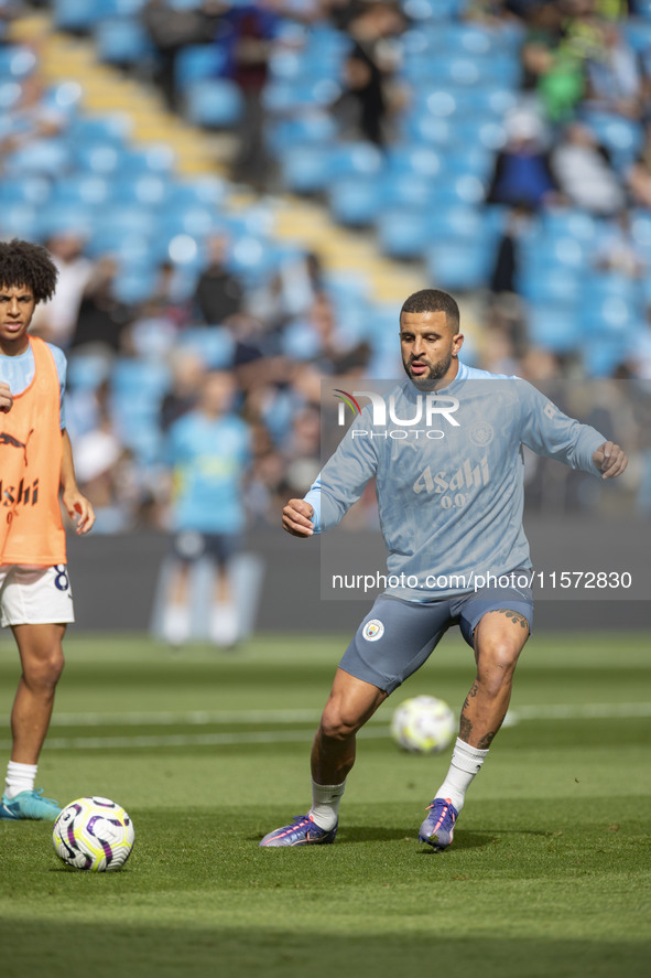 Kyle Walker #2 of Manchester City F.C. during the Premier League match between Manchester City and Brentford at the Etihad Stadium in Manche...