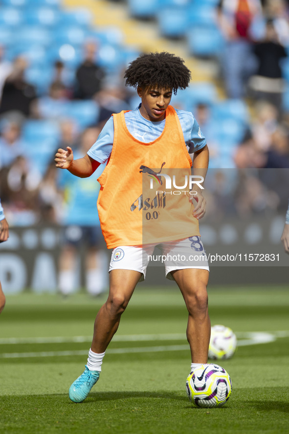 Rico Lewis #82 of Manchester City F.C. during the Premier League match between Manchester City and Brentford at the Etihad Stadium in Manche...