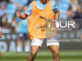 Rico Lewis #82 of Manchester City F.C. during the Premier League match between Manchester City and Brentford at the Etihad Stadium in Manche...