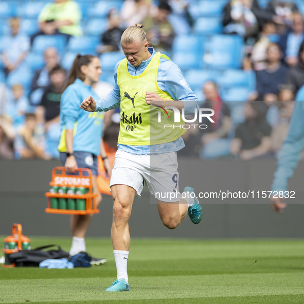 Erling Haaland #9 of Manchester City F.C. during the Premier League match between Manchester City and Brentford at the Etihad Stadium in Man...