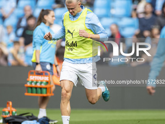 Erling Haaland #9 of Manchester City F.C. during the Premier League match between Manchester City and Brentford at the Etihad Stadium in Man...