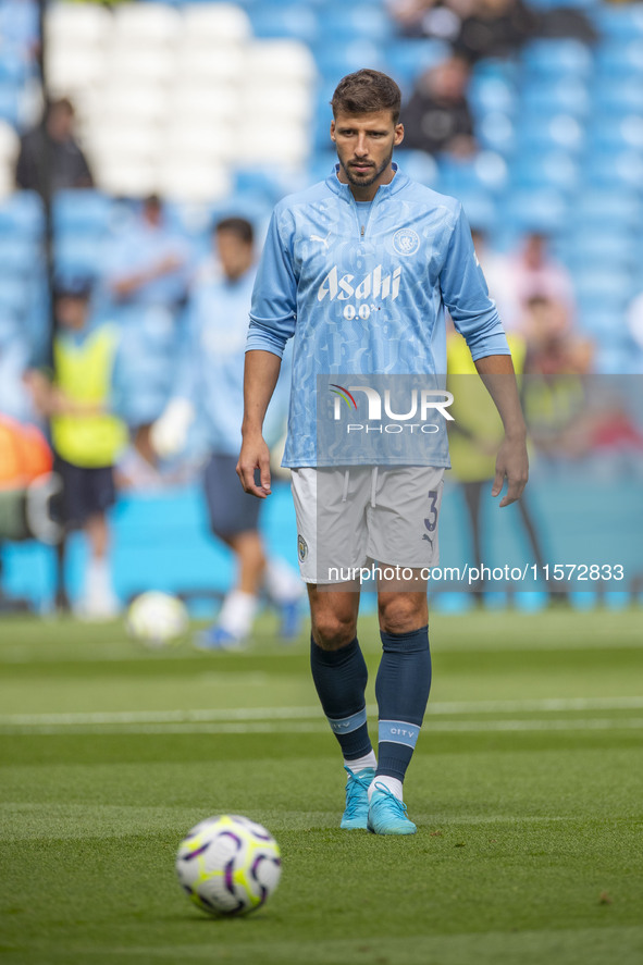 Ruben Dias #3 of Manchester City F.C. during the Premier League match between Manchester City and Brentford at the Etihad Stadium in Manches...