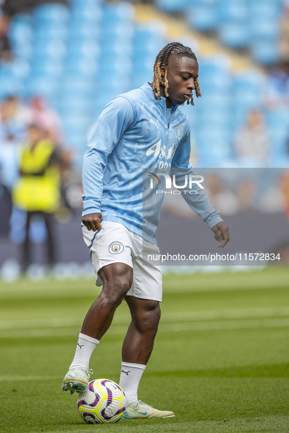 Jeremy Doku #11 of Manchester City F.C. during the Premier League match between Manchester City and Brentford at the Etihad Stadium in Manch...