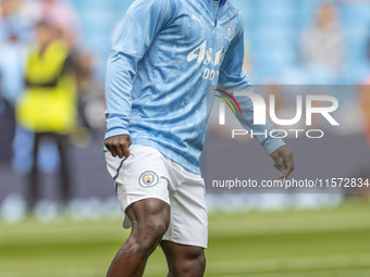 Jeremy Doku #11 of Manchester City F.C. during the Premier League match between Manchester City and Brentford at the Etihad Stadium in Manch...