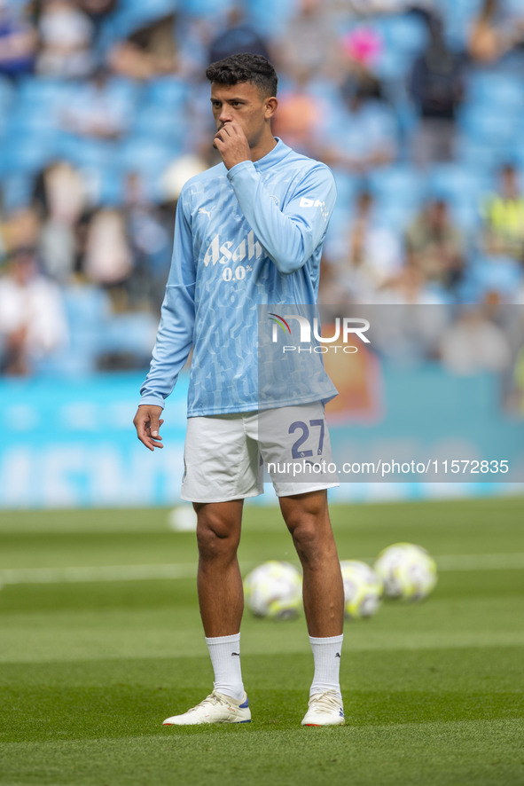 Matheus Nunes #27 of Manchester City F.C. during the Premier League match between Manchester City and Brentford at the Etihad Stadium in Man...