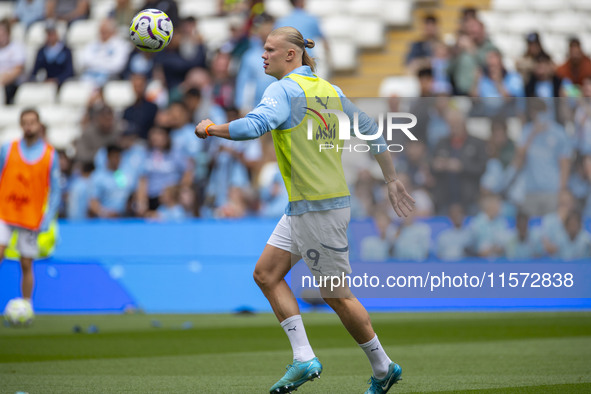 Erling Haaland #9 of Manchester City F.C. during the Premier League match between Manchester City and Brentford at the Etihad Stadium in Man...