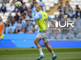 Erling Haaland #9 of Manchester City F.C. during the Premier League match between Manchester City and Brentford at the Etihad Stadium in Man...