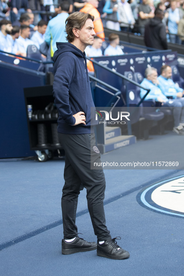 The Brentford City Manager during the Premier League match between Manchester City and Brentford at the Etihad Stadium in Manchester, Englan...