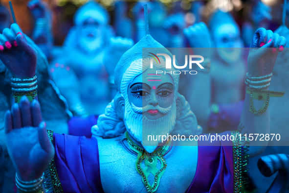 An idol of the Hindu lord Bishwokarma, the main craftsman and architect of the gods, is pictured at a workshop in Lalitpur, Nepal, on Septem...