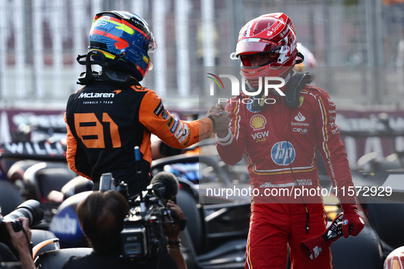 Oscar Piastri of McLaren and Charles Leclerc of Ferrari after qualifying ahead of the Formula 1 Grand Prix of Azerbaijan at Baku City Circui...