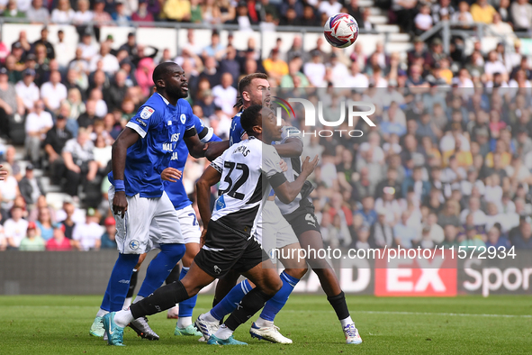 Ebou Adams of Derby County battles for the ball during the Sky Bet Championship match between Derby County and Cardiff City at Pride Park in...