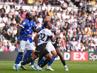 Ebou Adams of Derby County battles for the ball during the Sky Bet Championship match between Derby County and Cardiff City at Pride Park in...