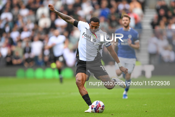 Nathaniel Mendez-Laing of Derby County lines up a cross during the Sky Bet Championship match between Derby County and Cardiff City at Pride...